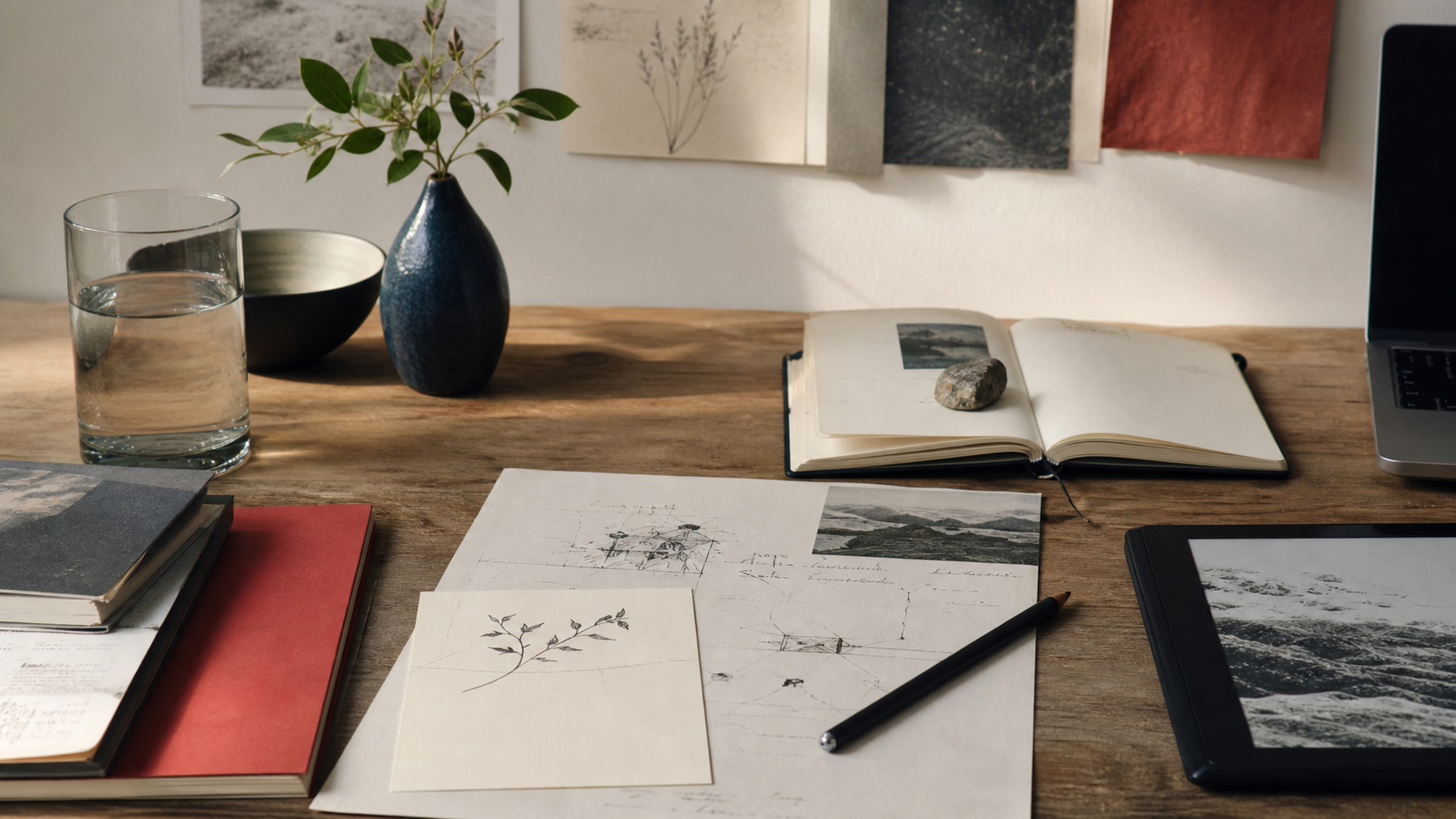 Editorial desk with notes, notebook, and digital work surface.